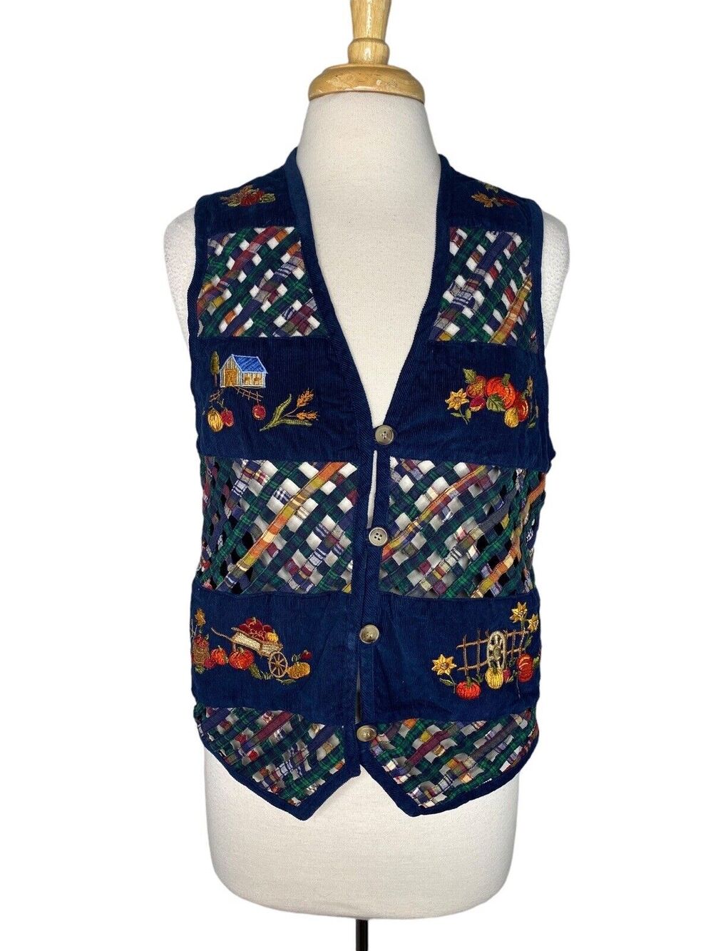CASCADE BLUES Corduroy Woven Lattice Harvest Autumn Vest Medium Women Embroidery